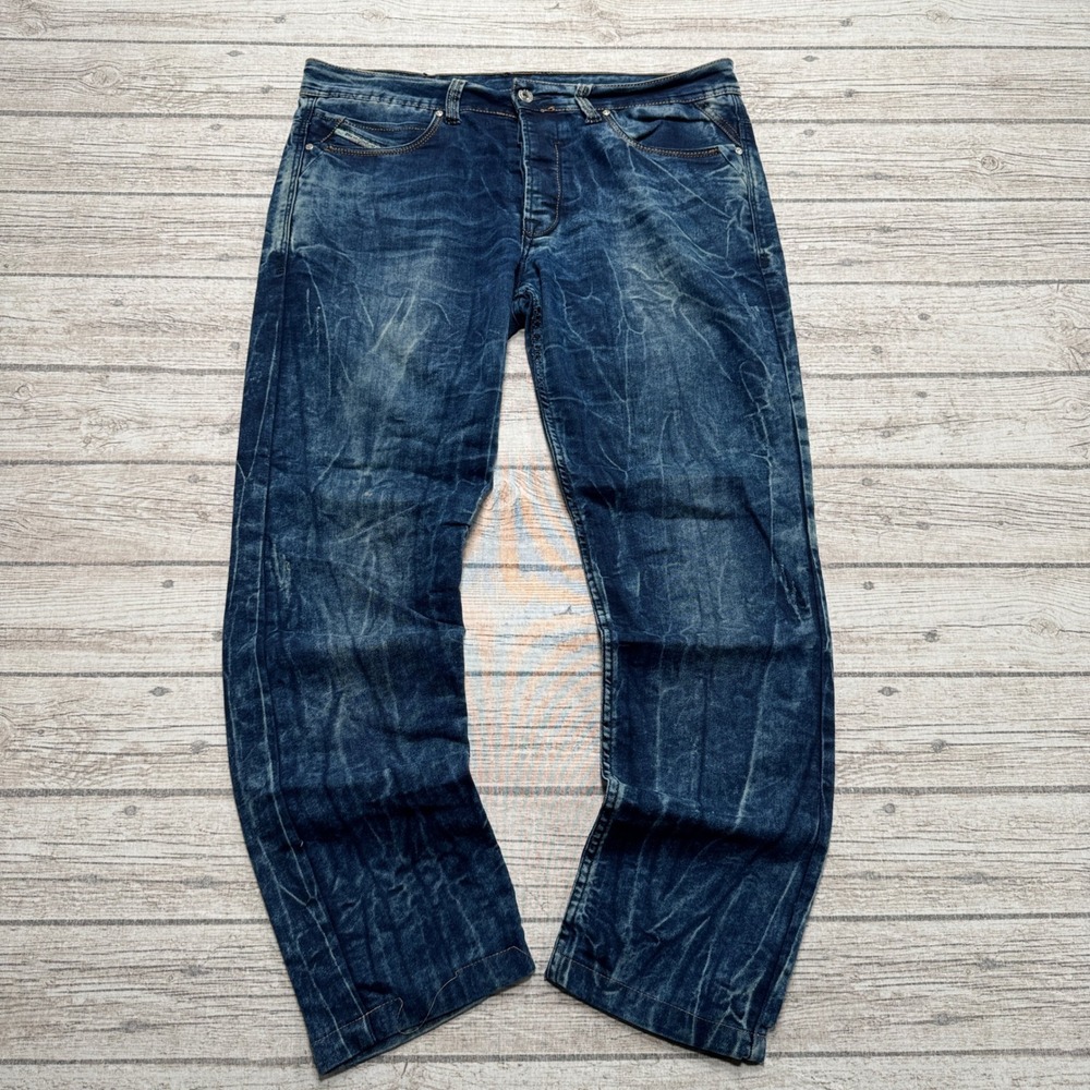 Diesel Jeans Men's 34 Blue Acid Wash Denim Straight Leg Cotton Whiskered Italy